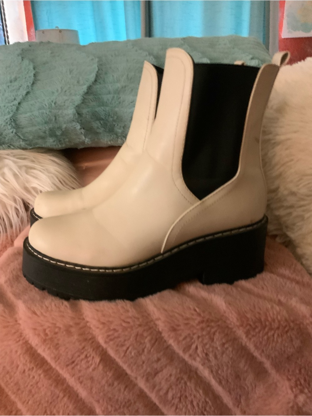 Soda Cream and Black Platform Chelsea Booties with Lug Sole